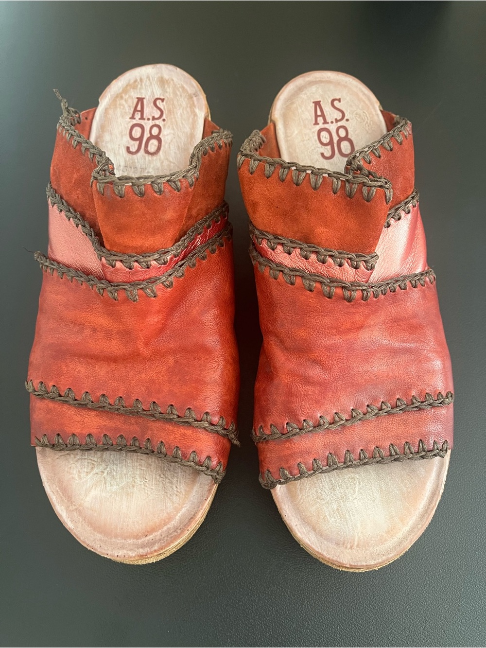 A.S.98 Women's Orange-Red Leather Slip-On Mules